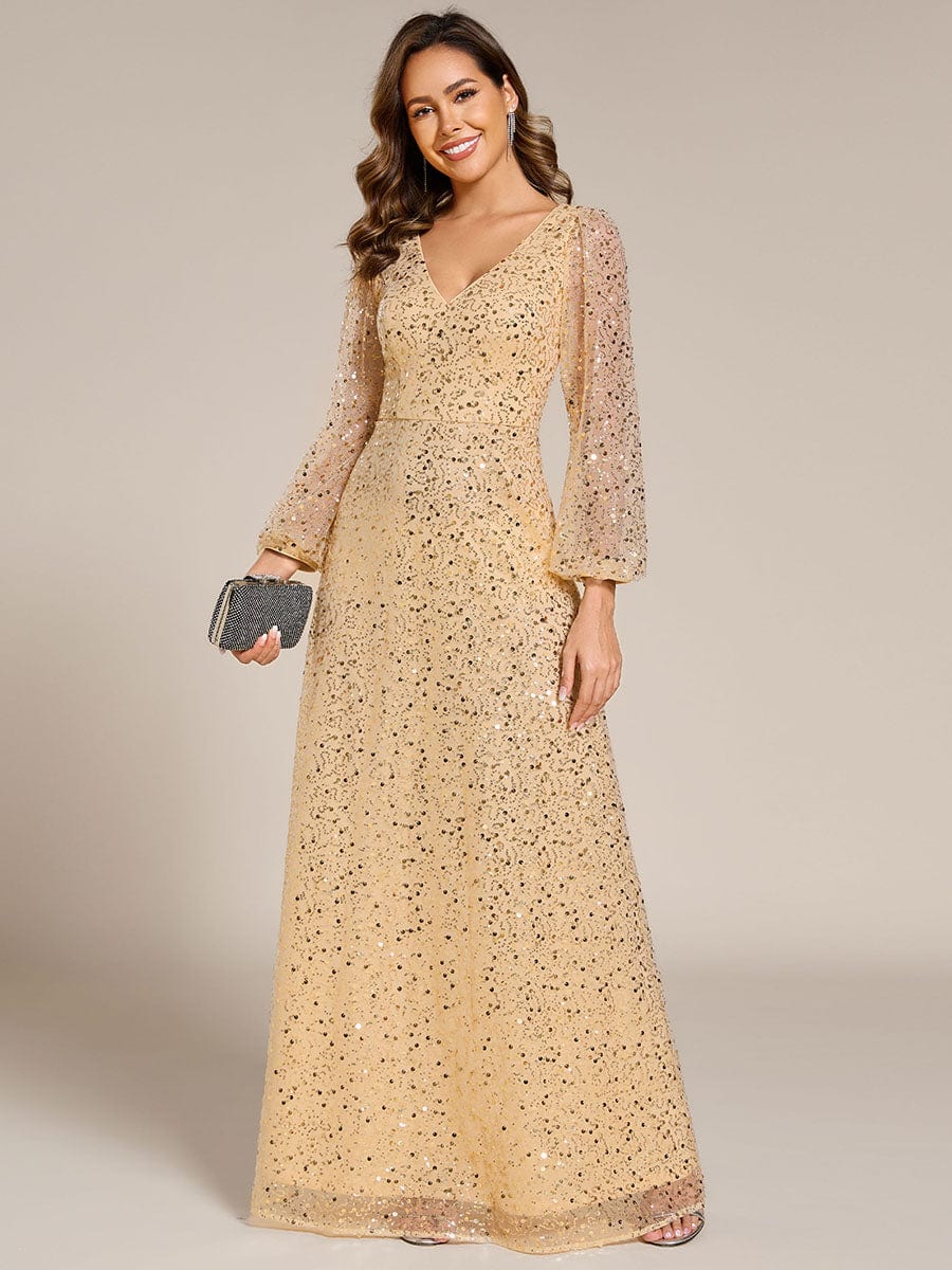 Plus Size V-Neck Lantern Long Sleeve Sequin A-Line Maxi Dress #color_Gold