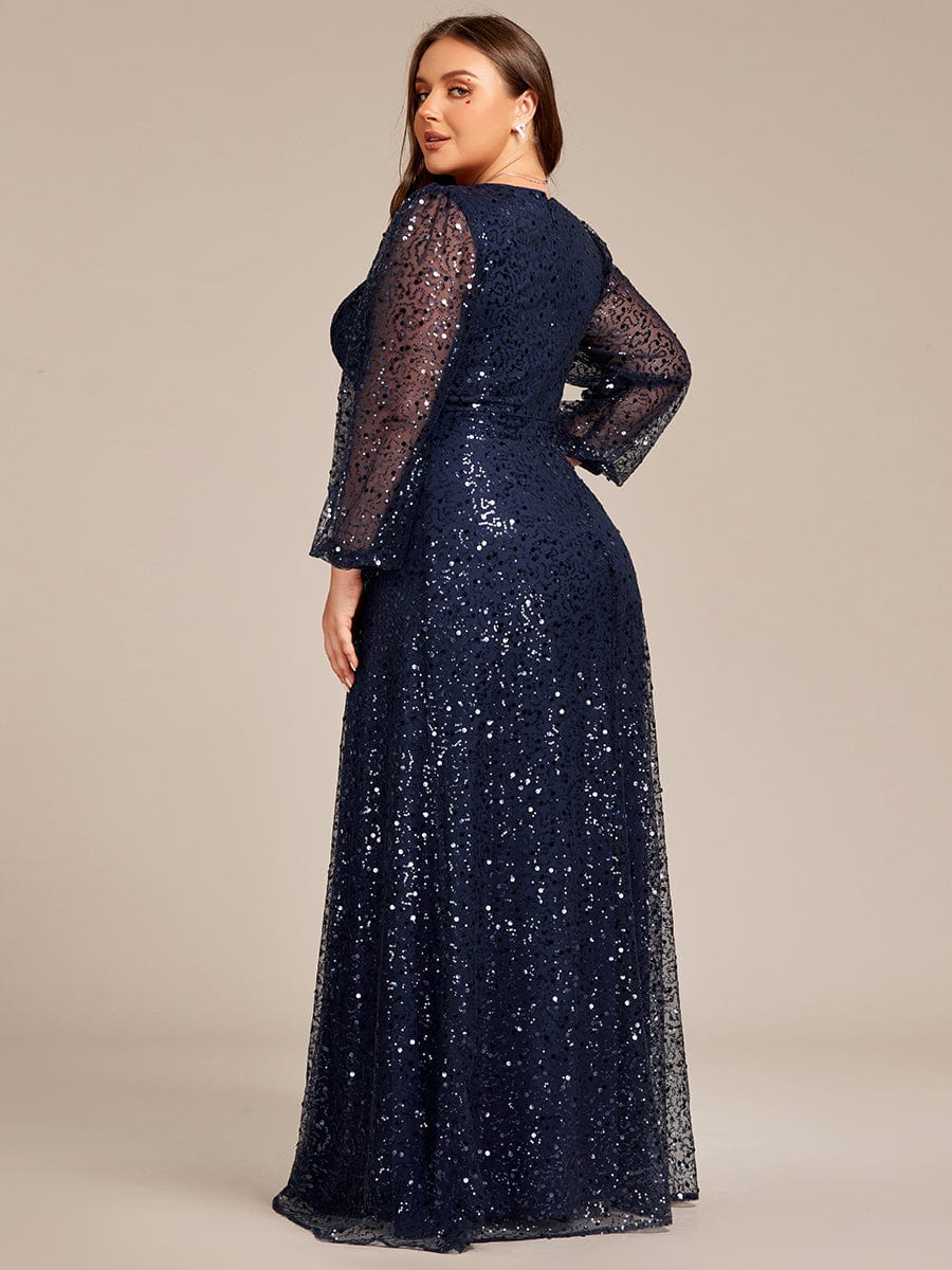 Plus Size V-Neck Lantern Long Sleeve Sequin A-Line Maxi Dress #color_Navy Blue