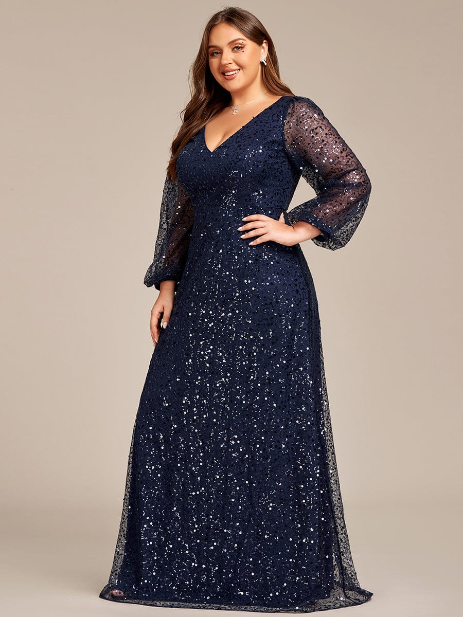 Plus Size V-Neck Lantern Long Sleeve Sequin A-Line Maxi Dress #color_Navy Blue