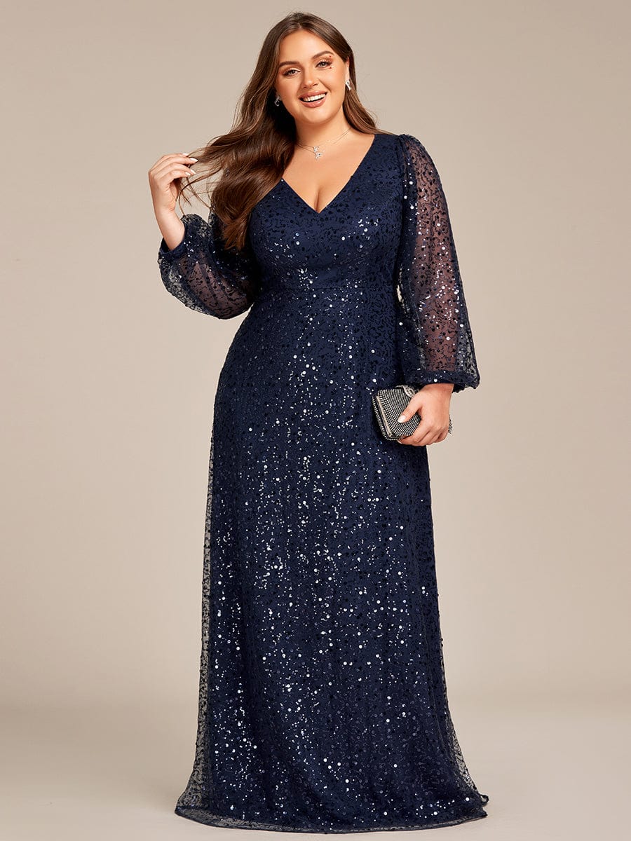 Plus Size V-Neck Lantern Long Sleeve Sequin A-Line Maxi Dress #color_Navy Blue