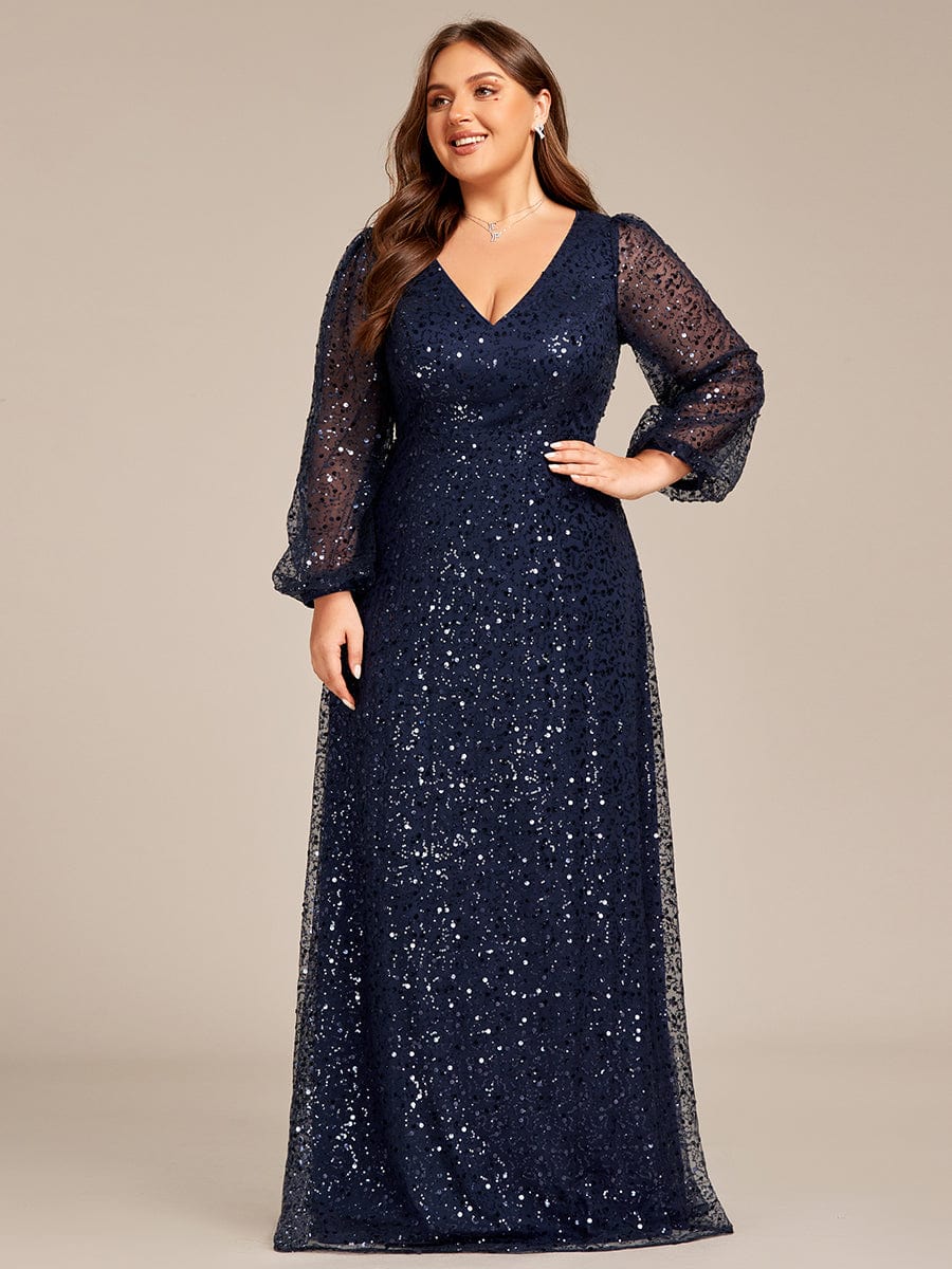 Plus Size V-Neck Lantern Long Sleeve Sequin A-Line Maxi Dress #color_Navy Blue