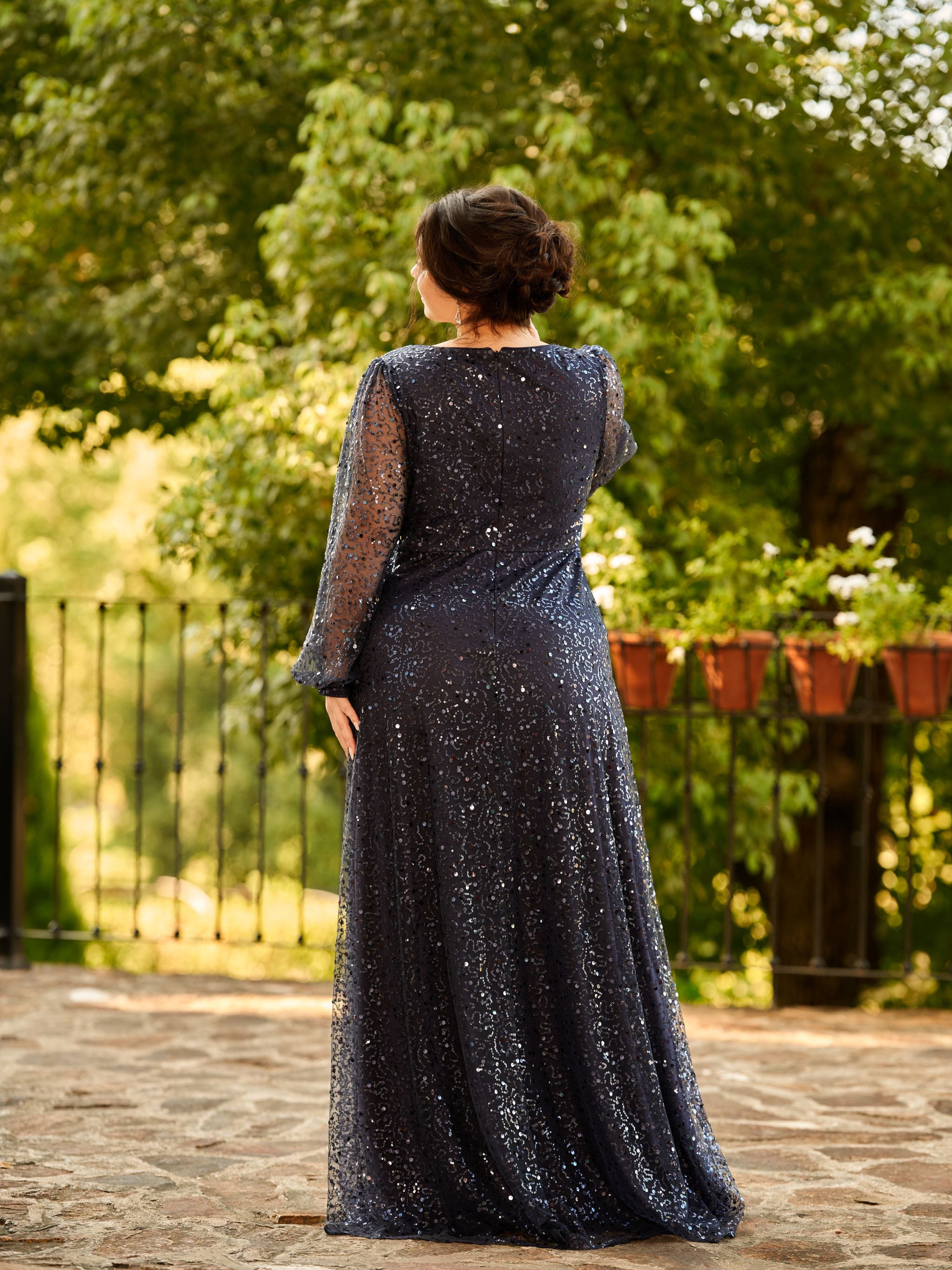 Plus Size V-Neck Lantern Long Sleeve Sequin A-Line Maxi Dress #color_Navy Blue