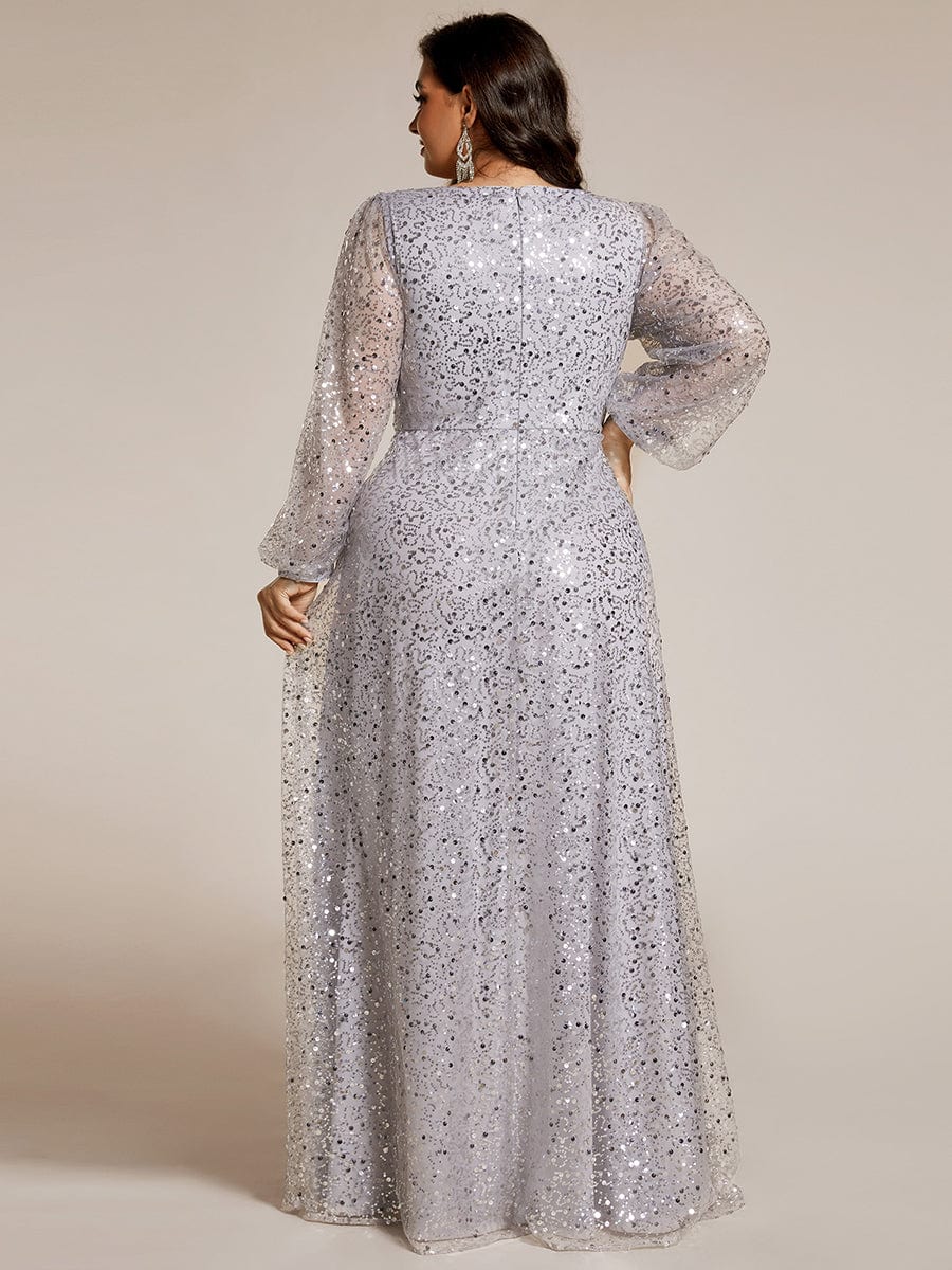 Plus Size V-Neck Lantern Long Sleeve Sequin A-Line Maxi Dress #color_Silver