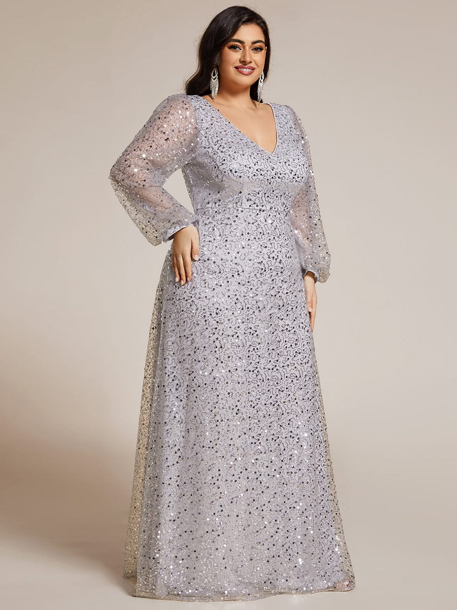 Plus Size V-Neck Lantern Long Sleeve Sequin A-Line Maxi Dress #color_Silver