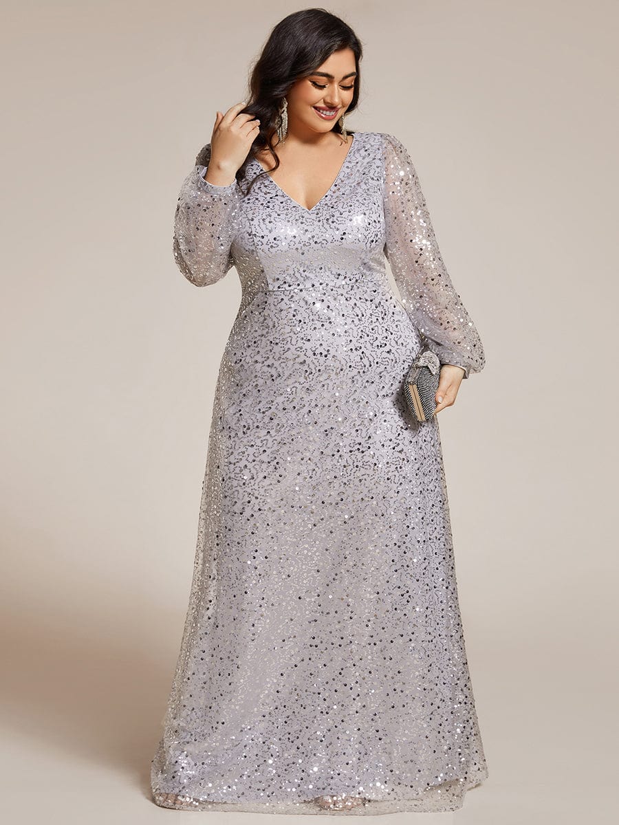 Plus Size V-Neck Lantern Long Sleeve Sequin A-Line Maxi Dress #color_Silver