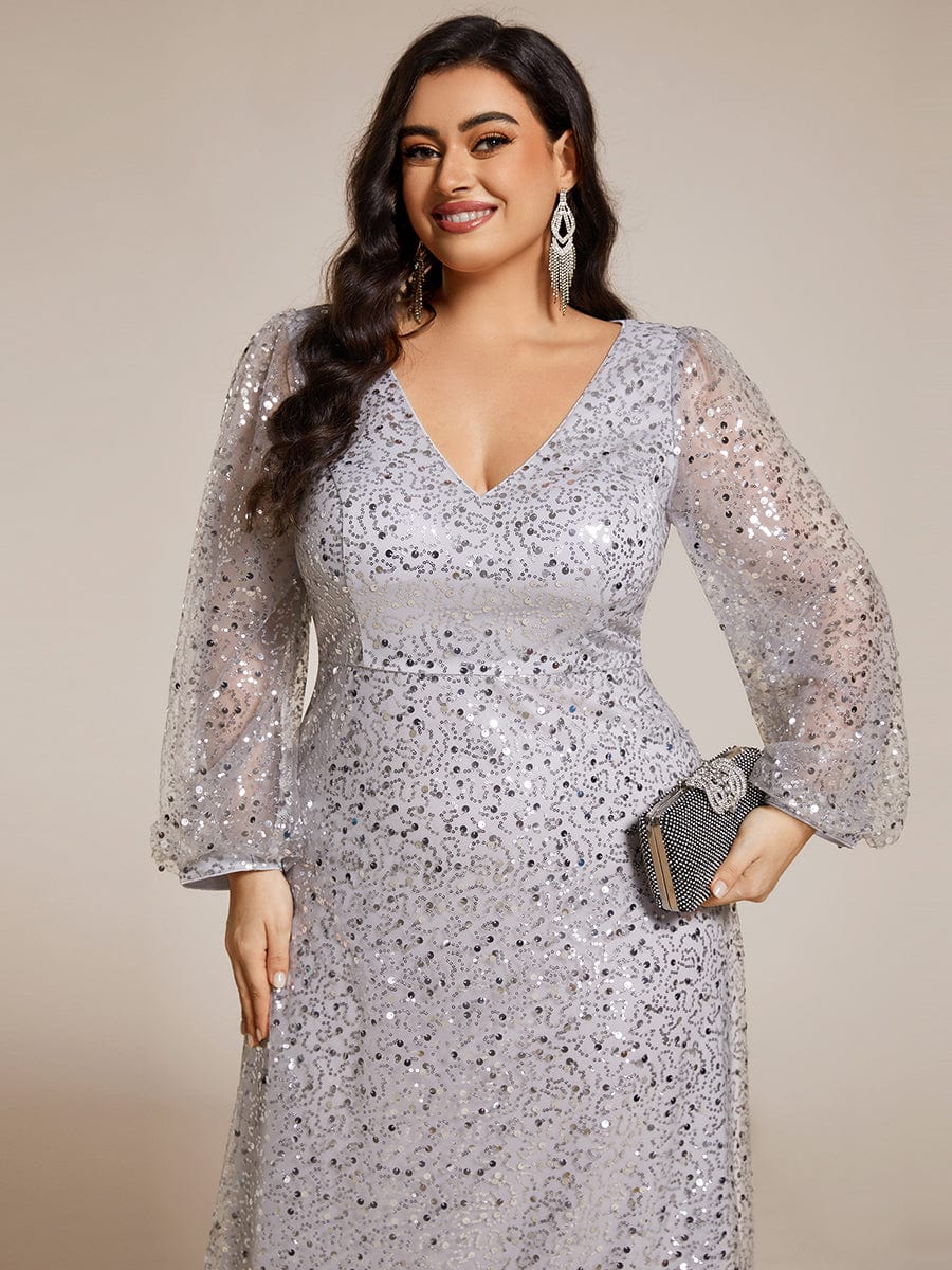 Plus Size V-Neck Lantern Long Sleeve Sequin A-Line Maxi Dress #color_Silver