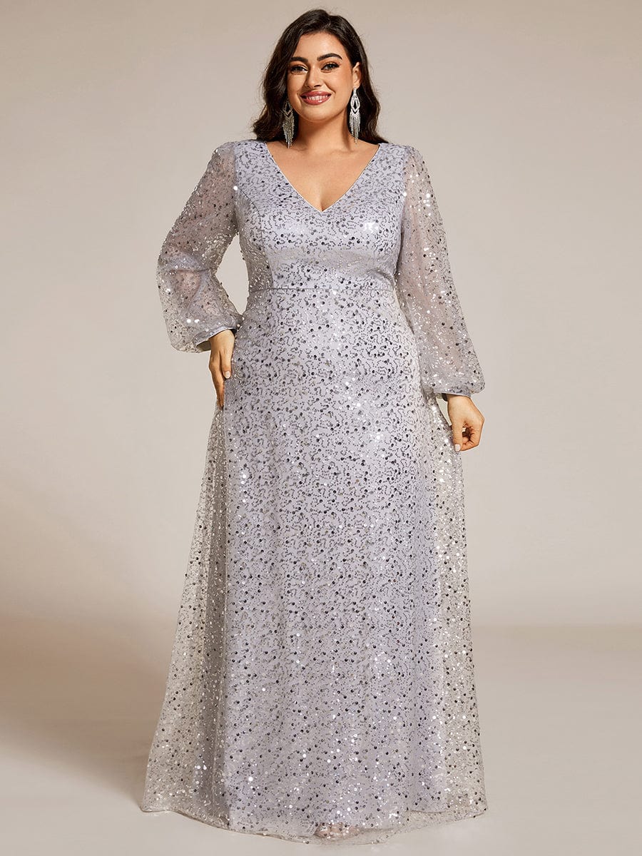 Plus Size V-Neck Lantern Long Sleeve Sequin A-Line Maxi Dress #color_Silver