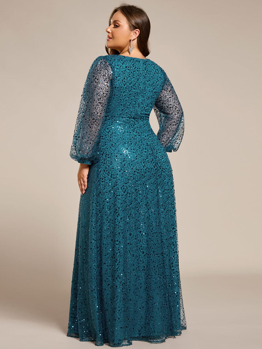 Plus Size V-Neck Lantern Long Sleeve Sequin A-Line Maxi Dress #color_Teal