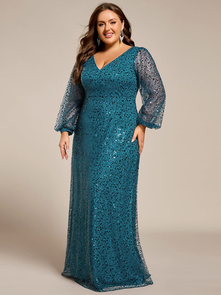 Plus Size V-Neck Lantern Long Sleeve Sequin A-Line Maxi Dress #color_Teal