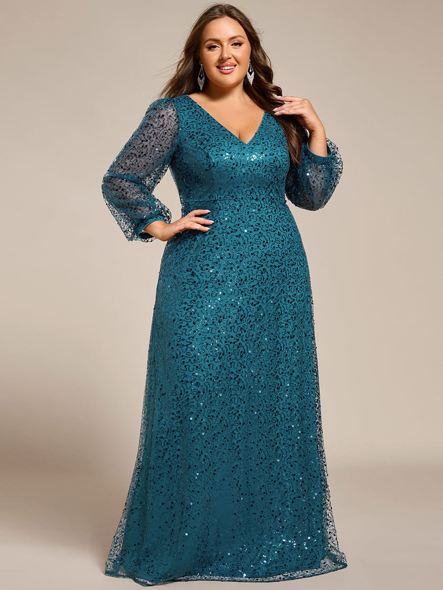 Plus Size V-Neck Lantern Long Sleeve Sequin A-Line Maxi Dress #color_Teal