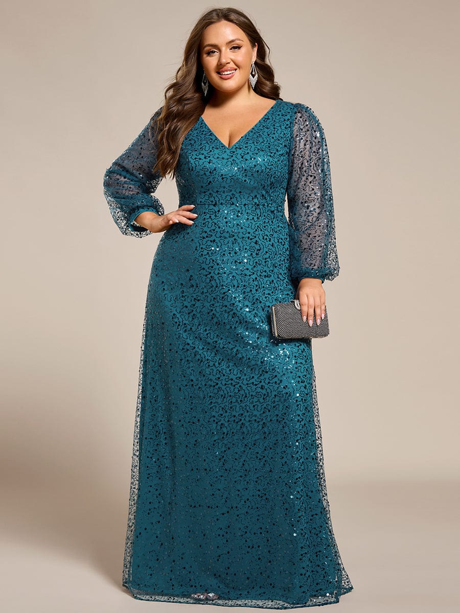 Plus Size V-Neck Lantern Long Sleeve Sequin A-Line Maxi Dress #color_Teal