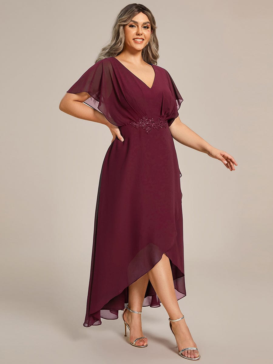 Plus Size Chiffon Bat-Wing Sleeve Dress #color_Burgundy