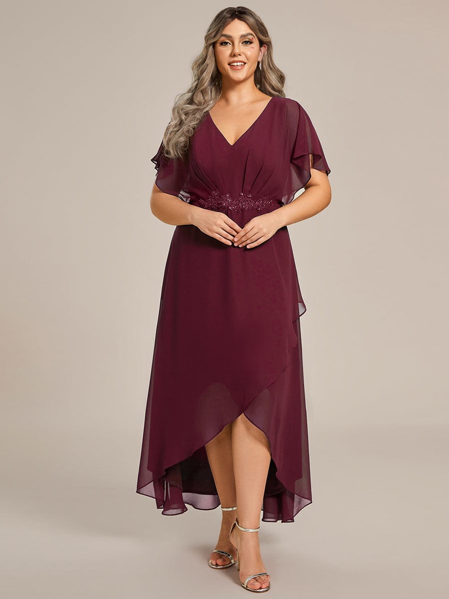 Plus Size Chiffon Bat-Wing Sleeve Dress #color_Burgundy