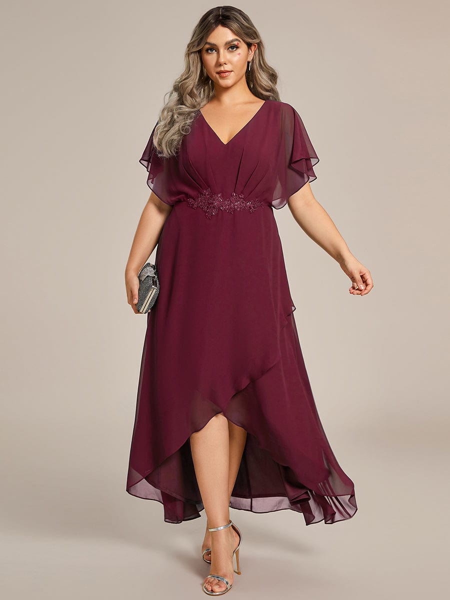 Plus Size Chiffon Bat-Wing Sleeve Dress #color_Burgundy