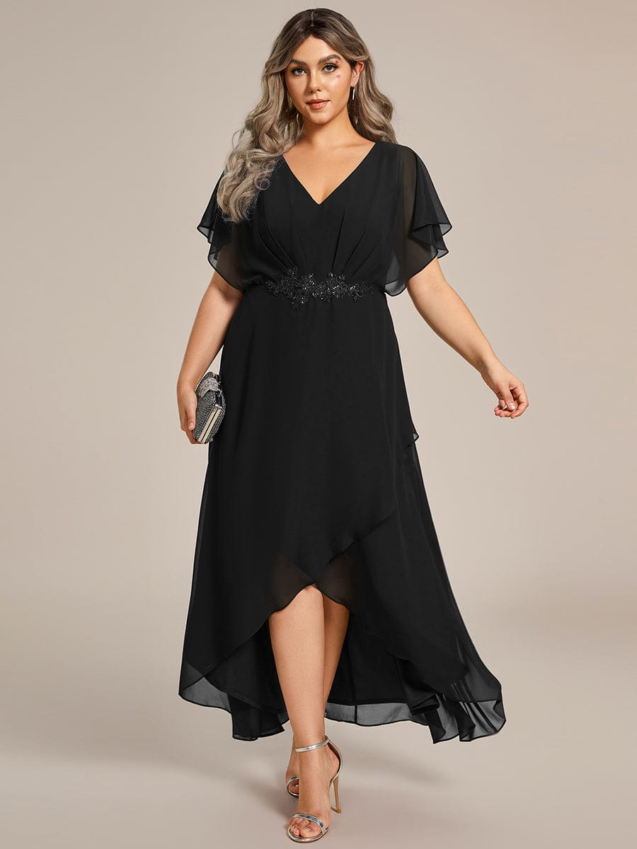 Plus Size Chiffon Bat-Wing Sleeve Dress #color_Black