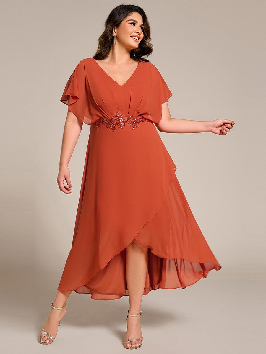 Plus Size Chiffon Bat-Wing Sleeve Dress #color_Burnt Orange