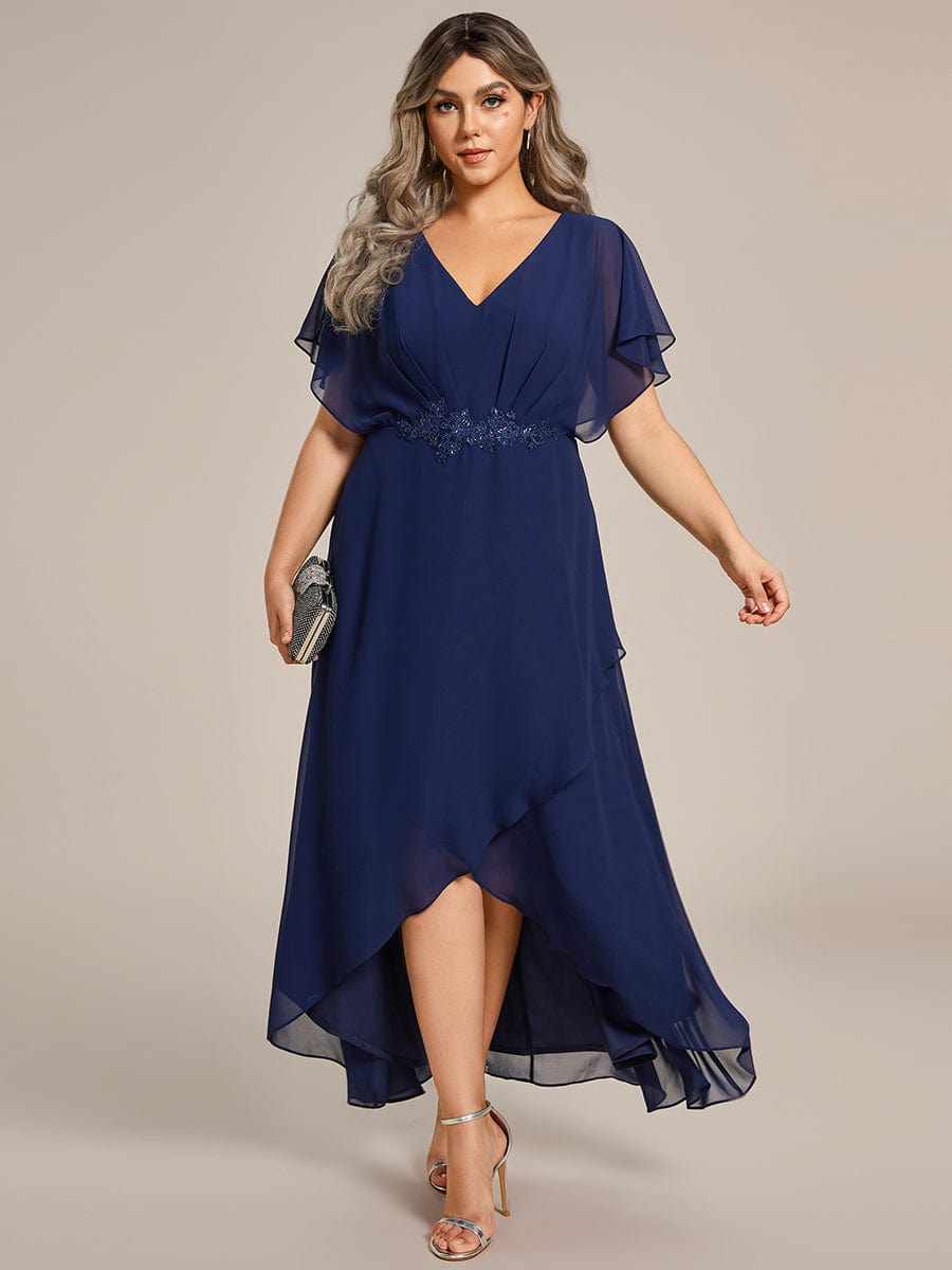 Plus Size Chiffon Bat-Wing Sleeve Dress #color_Navy Blue