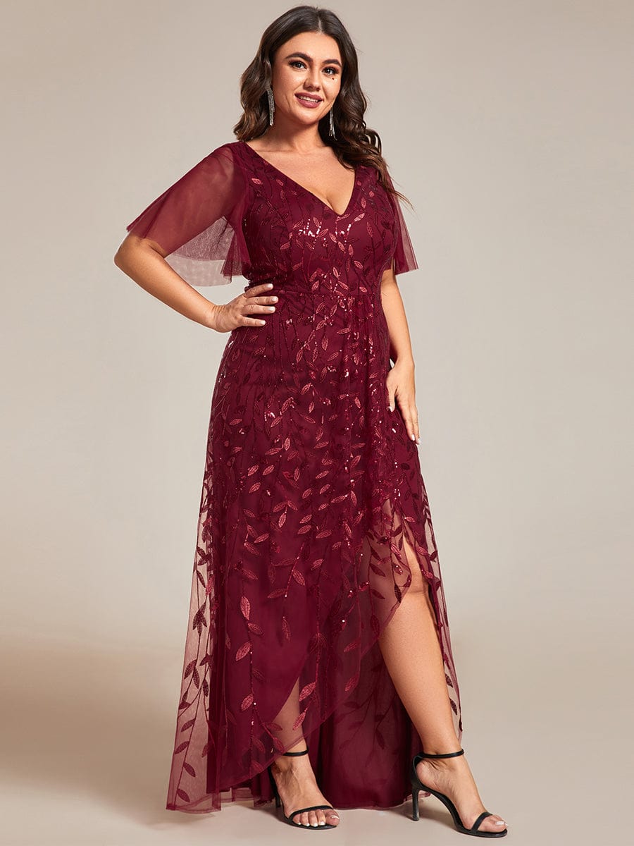 Plus Size Sequin V-Neck Dress #color_Burgundy