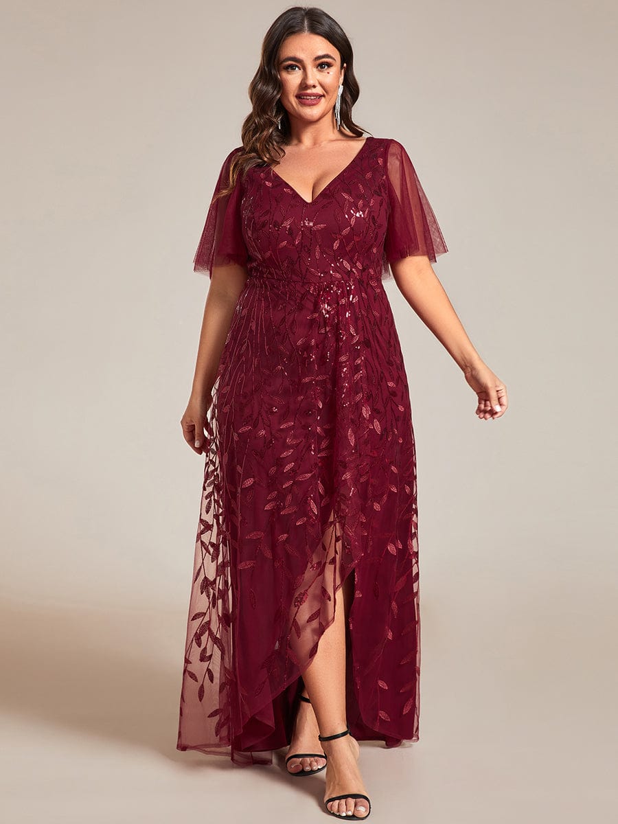 Plus Size Sequin V-Neck Dress #color_Burgundy