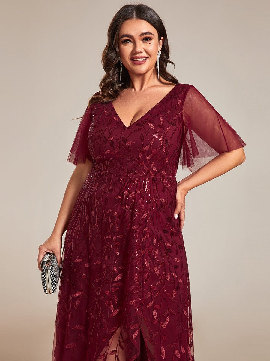 Plus Size Sequin V-Neck Dress #color_Burgundy