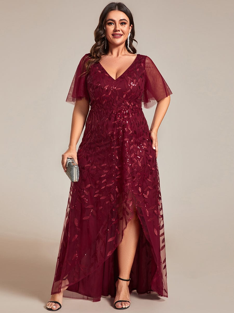 Plus Size Sequin V-Neck Dress #color_Burgundy