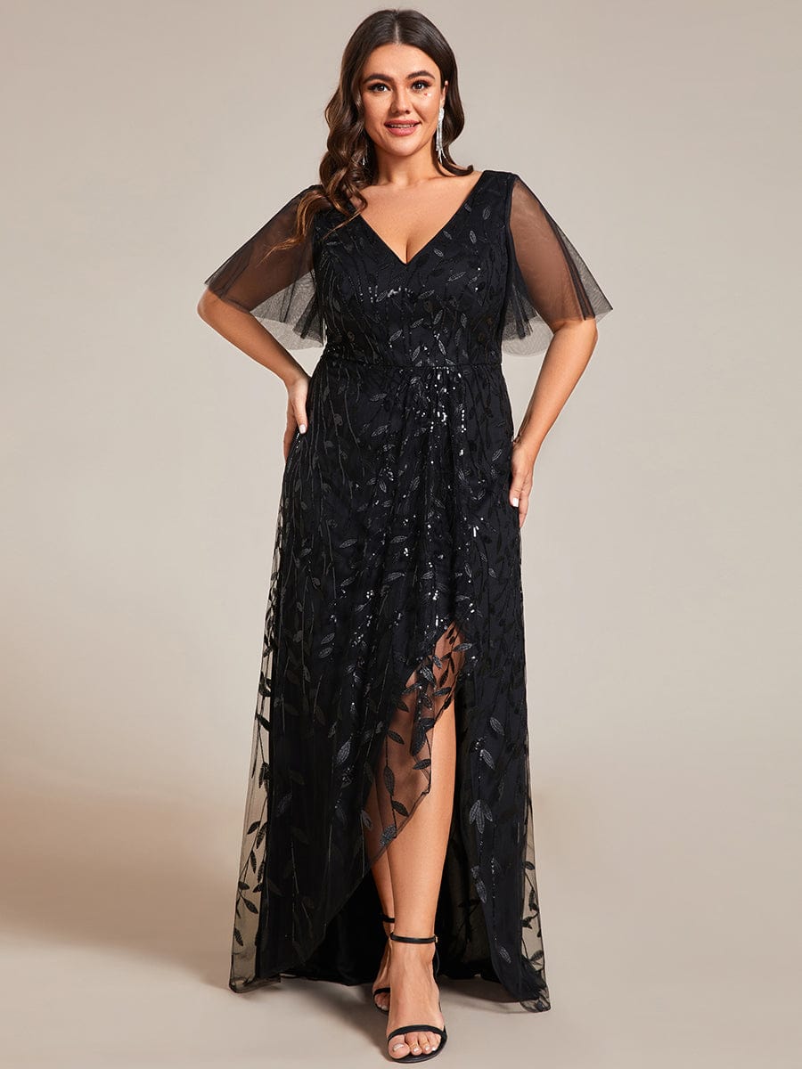 Plus Size Sequin V-Neck Dress #color_Black