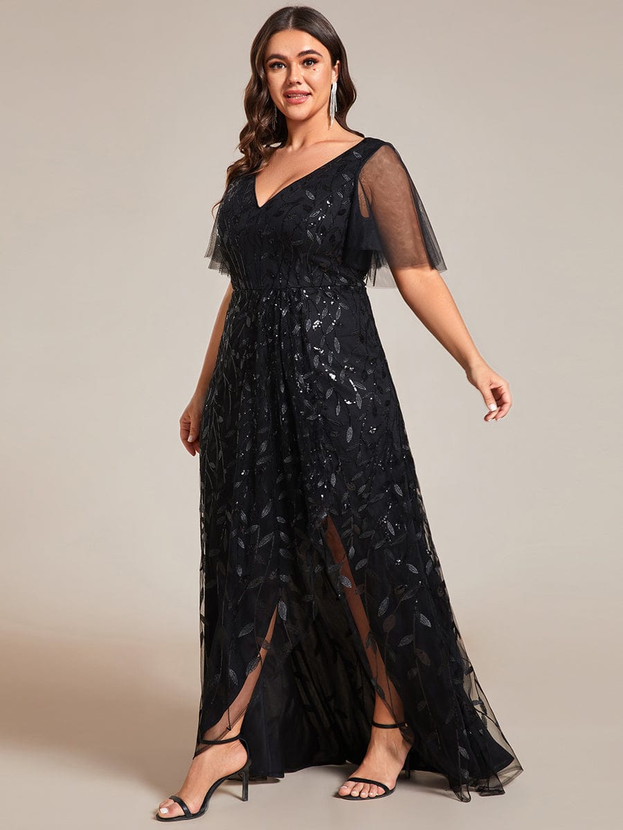 Plus Size Sequin V-Neck Dress #color_Black