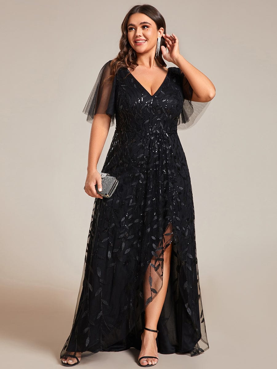 Plus Size Sequin V-Neck Dress #color_Black