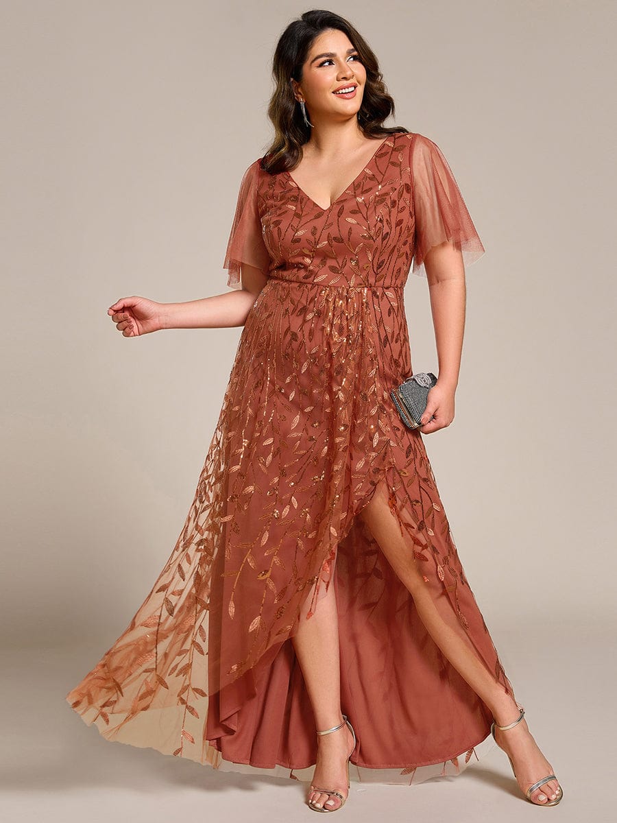 Plus Size Sequin V-Neck Dress #color_Burnt Orange