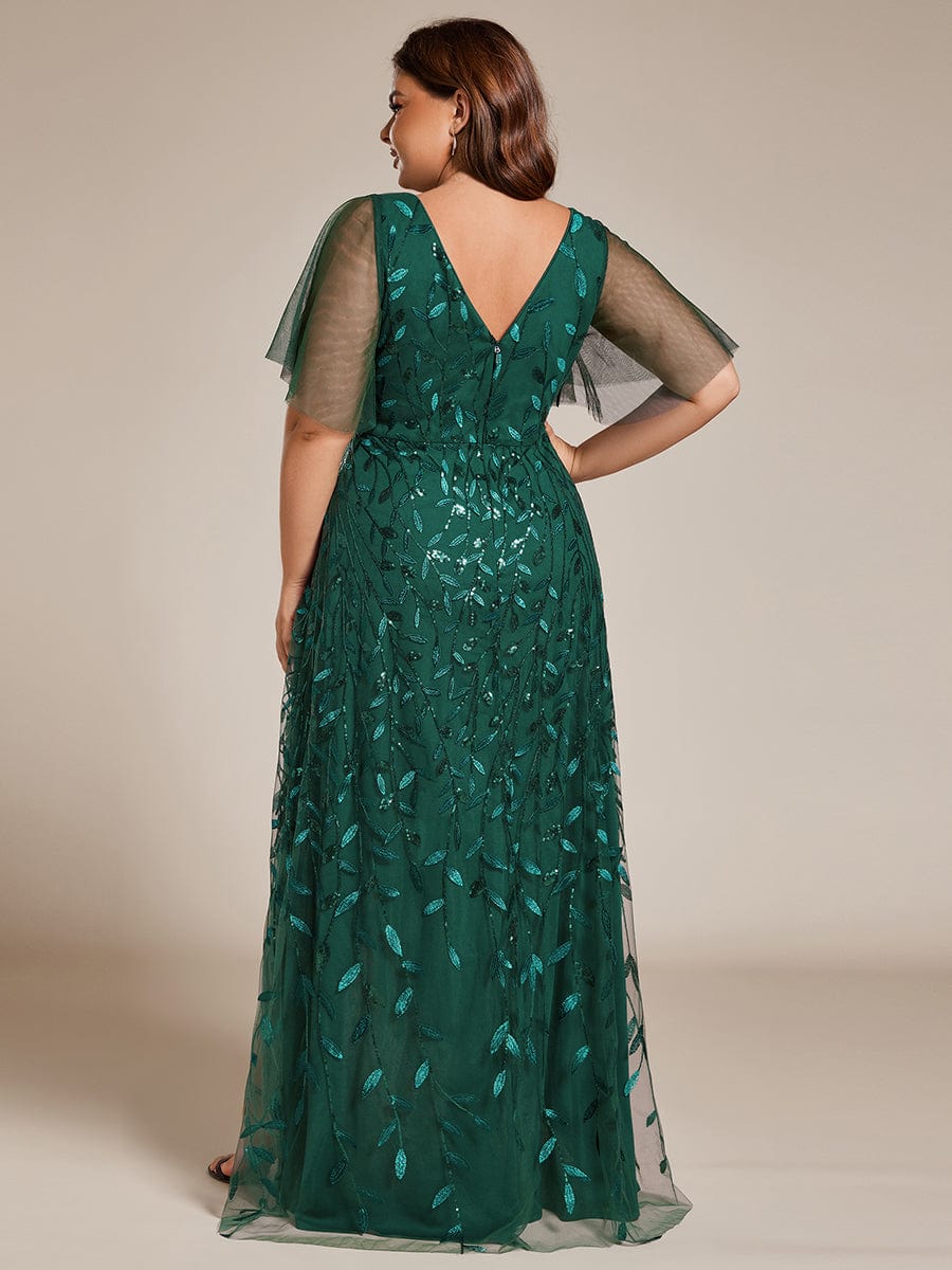 Plus Size Sequin V-Neck Dress #color_Dark Green