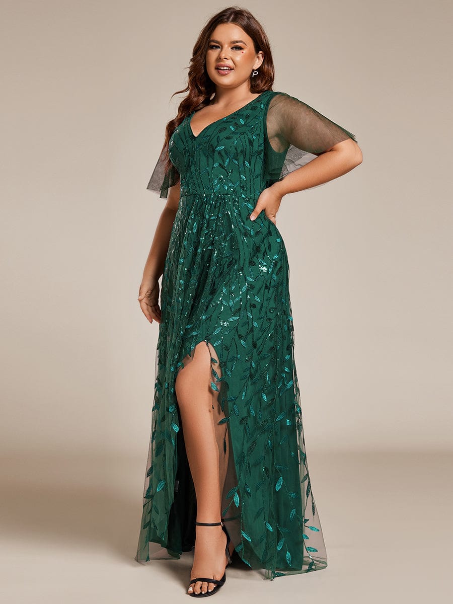 Plus Size Sequin V-Neck Dress #color_Dark Green