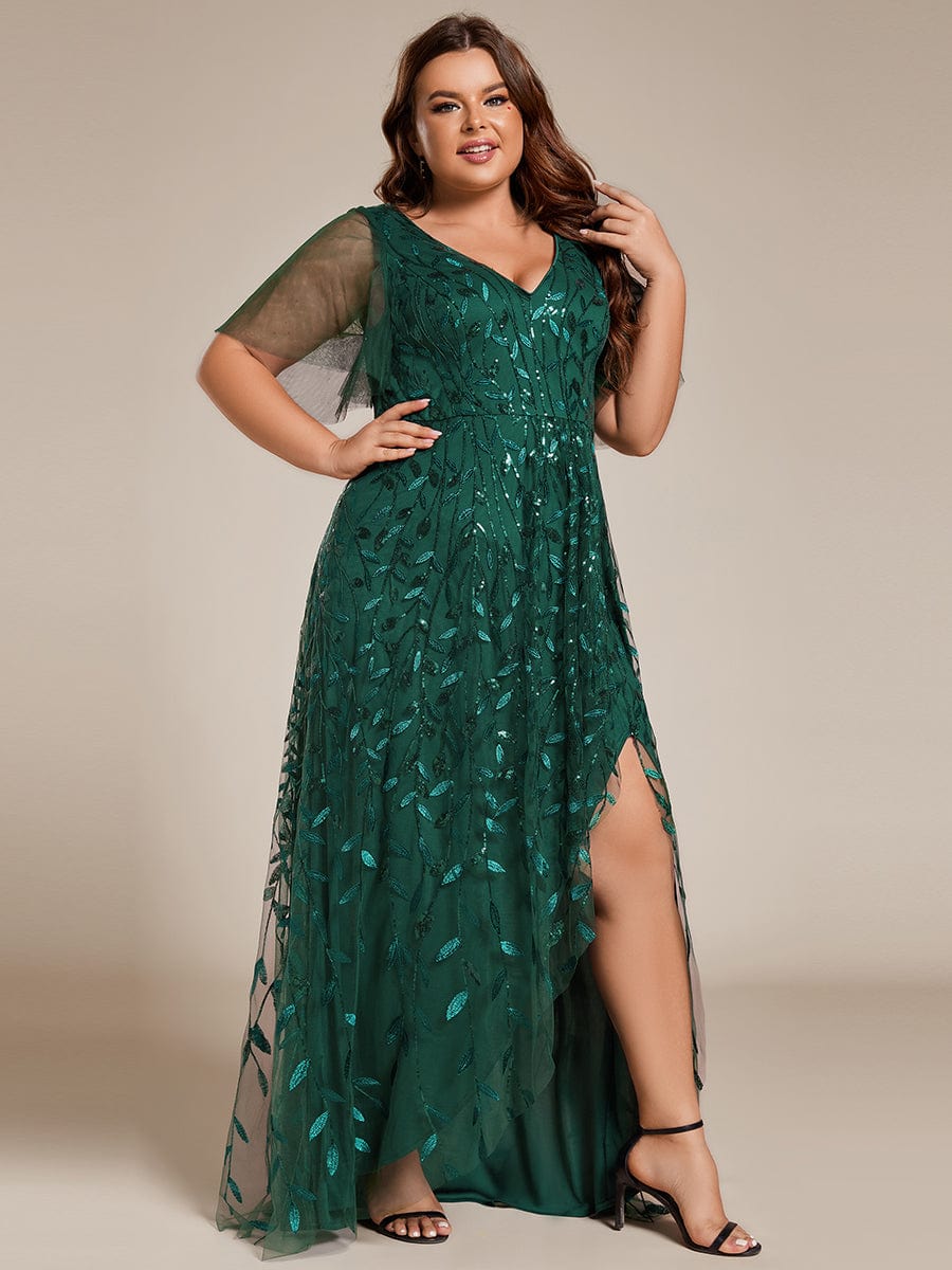 Plus Size Sequin V-Neck Dress #color_Dark Green