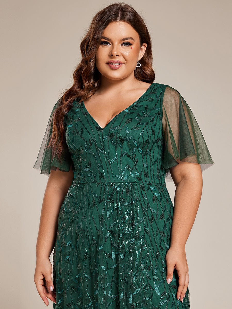 Plus Size Sequin V-Neck Dress #color_Dark Green