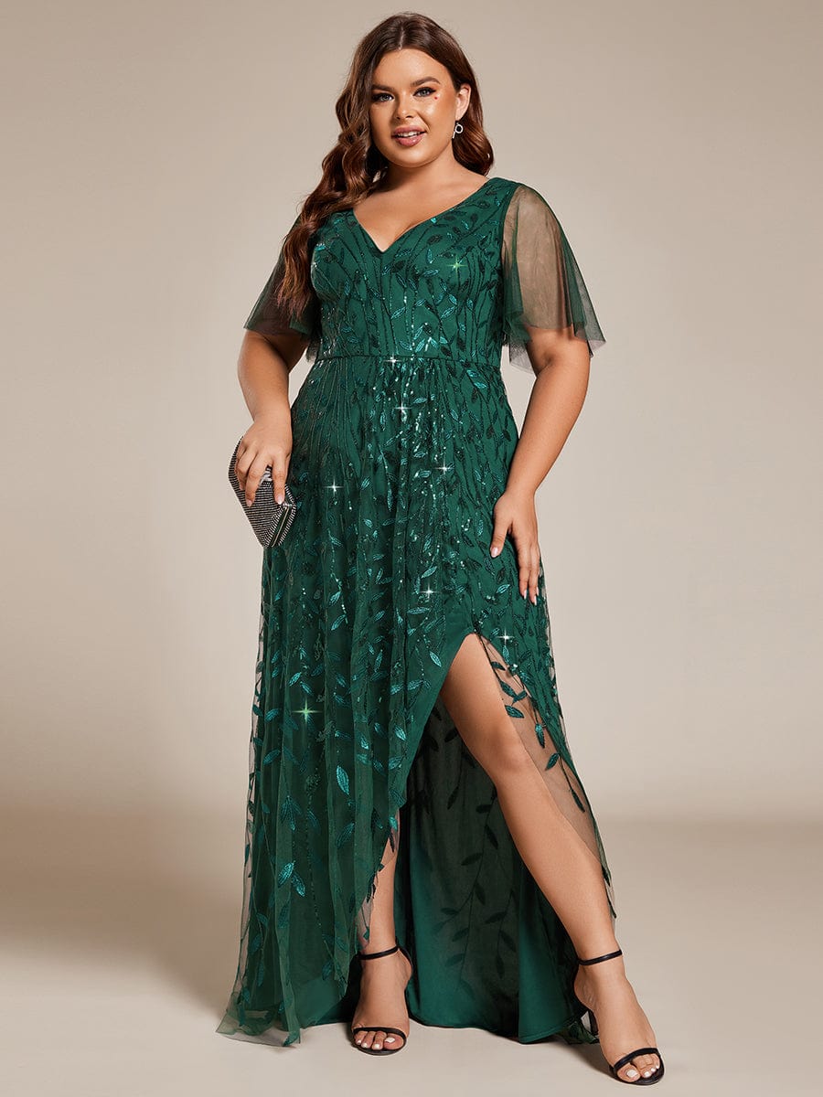 Plus Size Sequin V-Neck Dress #color_Dark Green