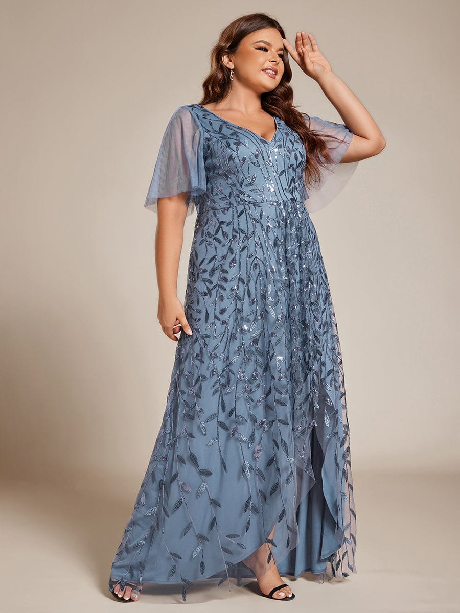 Plus Size Sequin V-Neck Dress #color_Dusty Blue