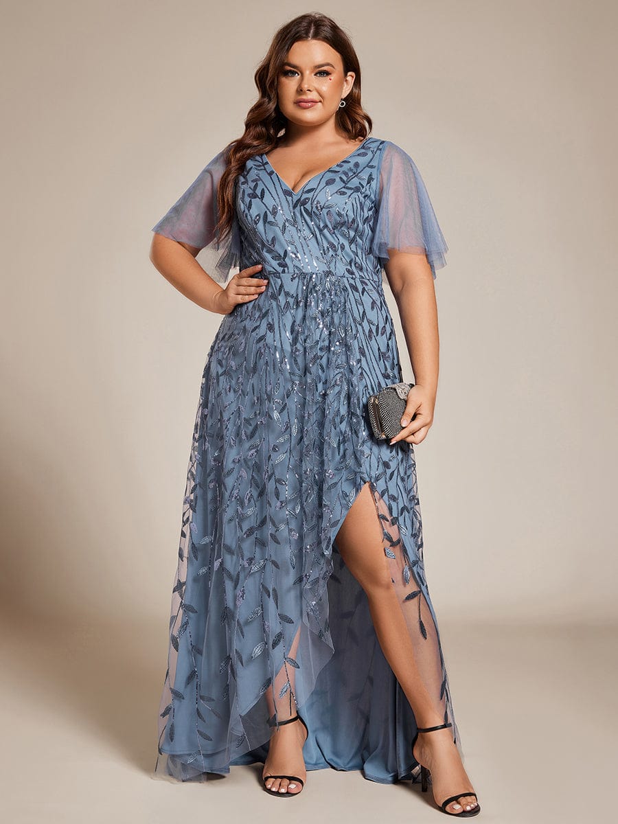 Plus Size Sequin V-Neck Dress #color_Dusty Blue