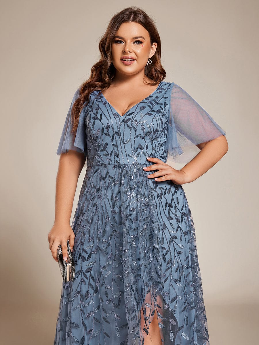 Plus Size Sequin V-Neck Dress #color_Dusty Blue