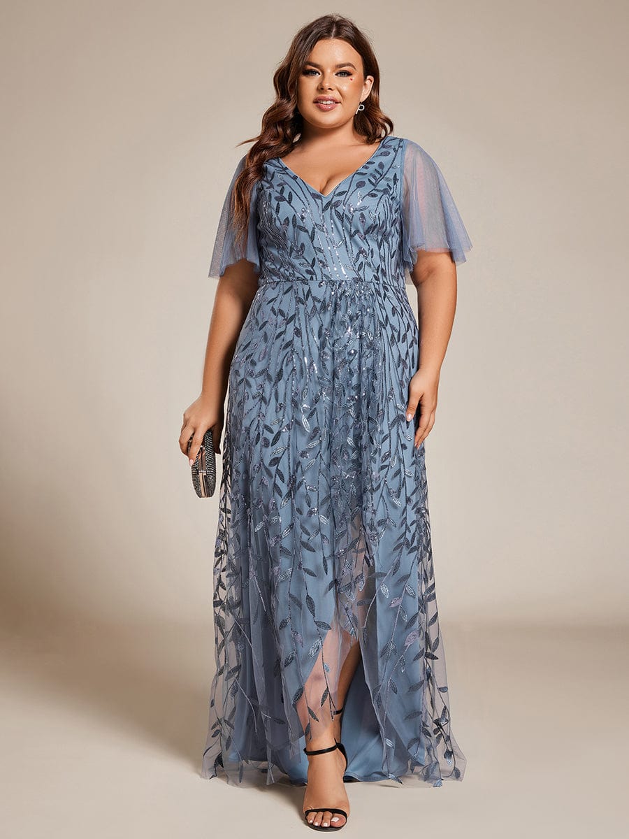 Plus Size Sequin V-Neck Dress #color_Dusty Blue