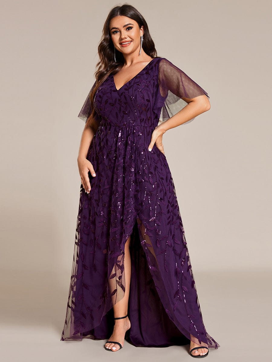 Plus Size Sequin V-Neck Dress #color_Dark Purple