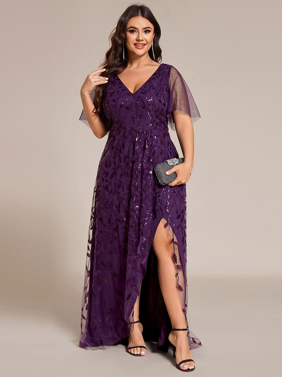 Plus Size Sequin V-Neck Dress #color_Dark Purple