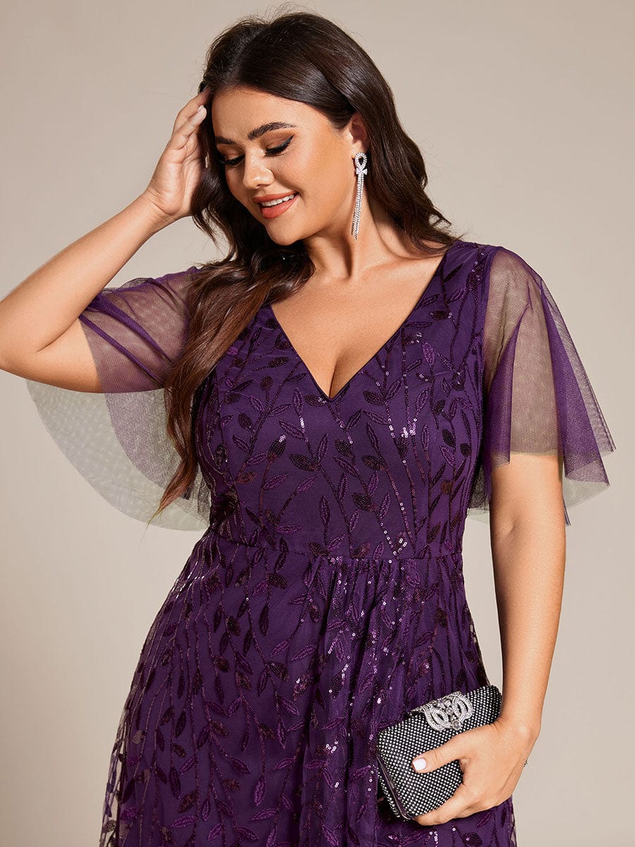 Plus Size Sequin V-Neck Dress #color_Dark Purple