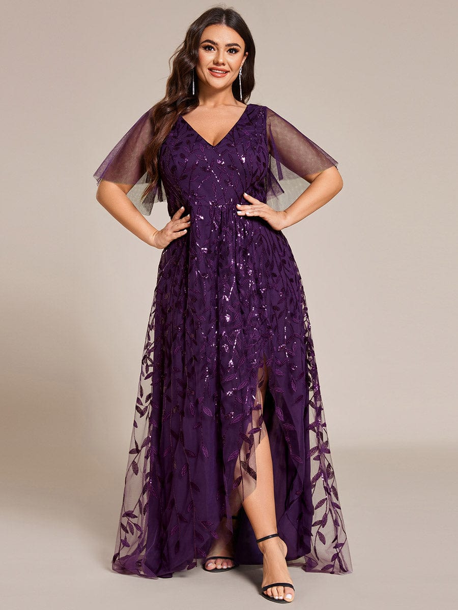 Plus Size Sequin V-Neck Dress #color_Dark Purple