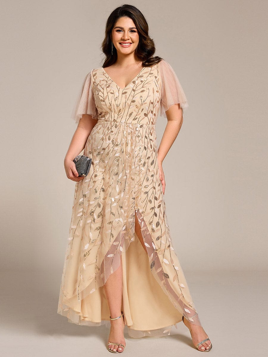 Plus Size Sequin V-Neck Dress #color_Gold