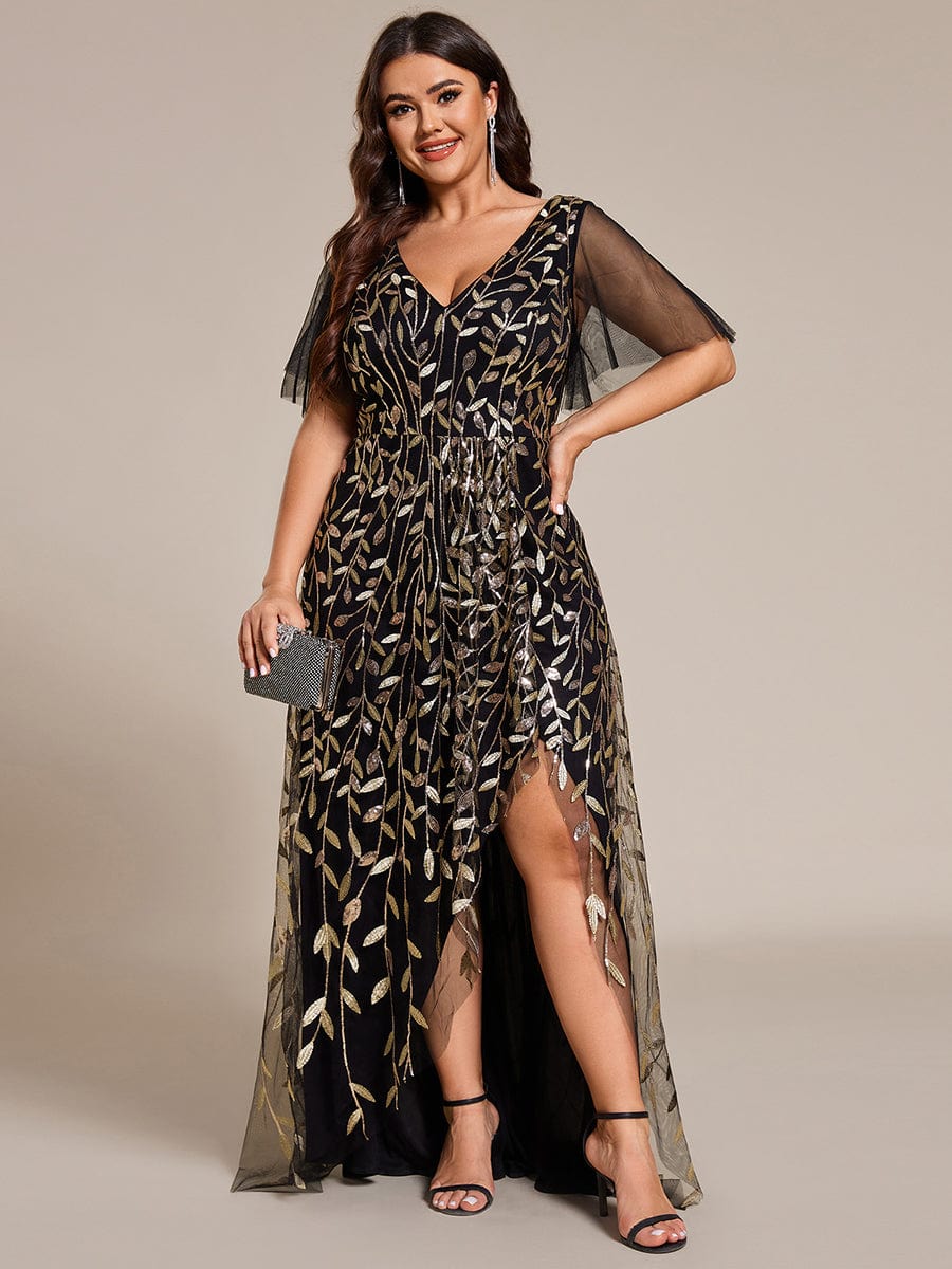 Plus Size Sequin V-Neck Dress #color_Black & Gold