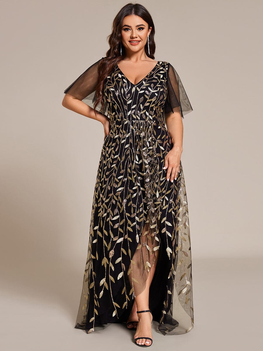 Plus Size Sequin V-Neck Dress #color_Black & Gold