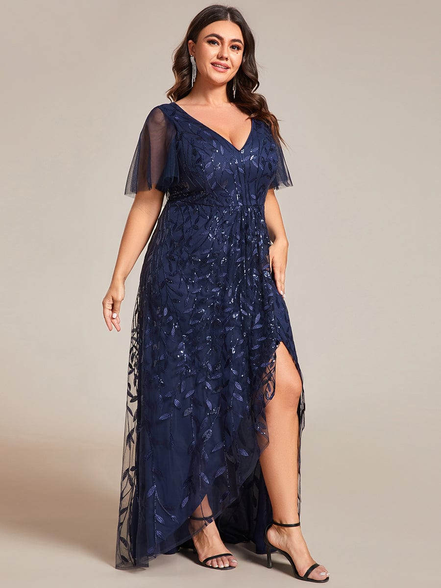 Plus Size Sequin V-Neck Dress #color_Navy Blue