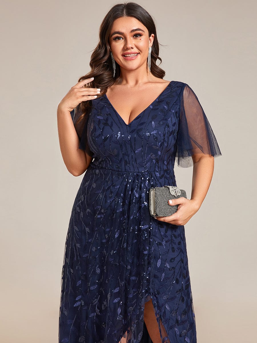 Plus Size Sequin V-Neck Dress #color_Navy Blue