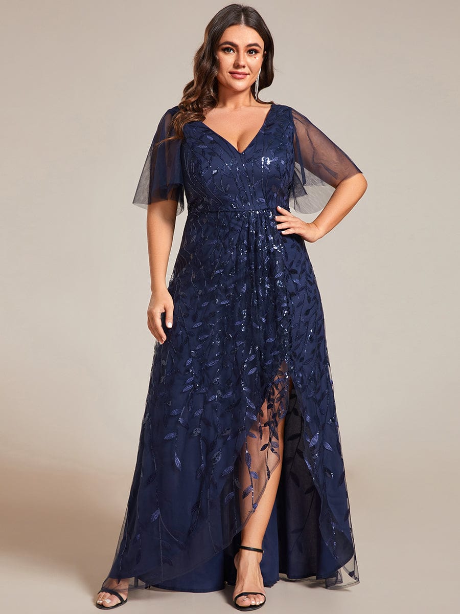 Plus Size Sequin V-Neck Dress #color_Navy Blue