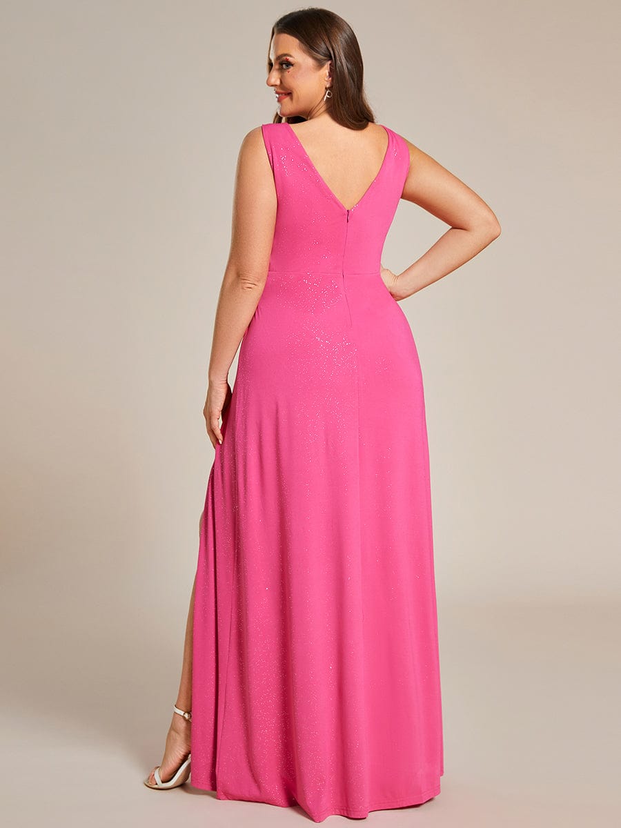 Plus Size Shiny V Neck Side Slit Maxi Dress #color_Hot Pink