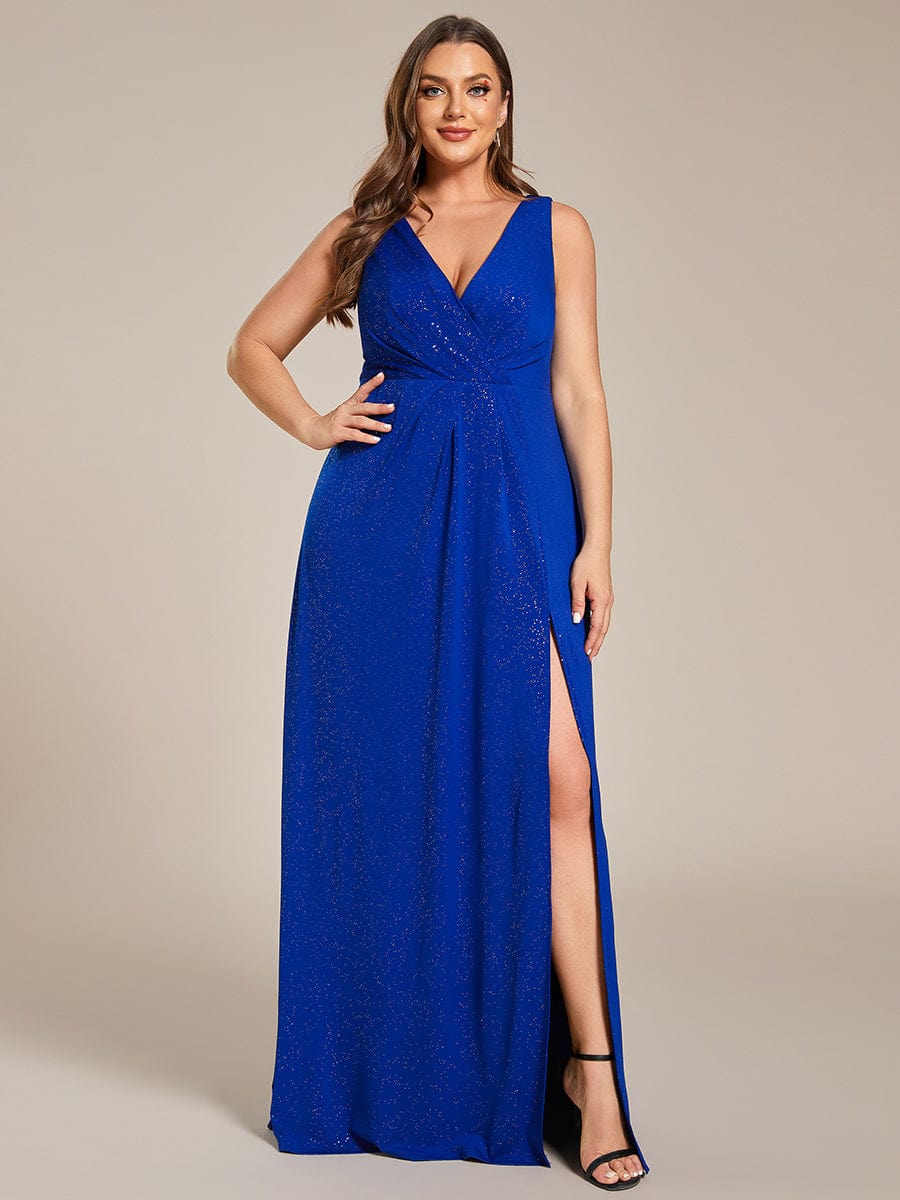 Plus Size Shiny V Neck Side Slit Maxi Dress #color_Sapphire Blue